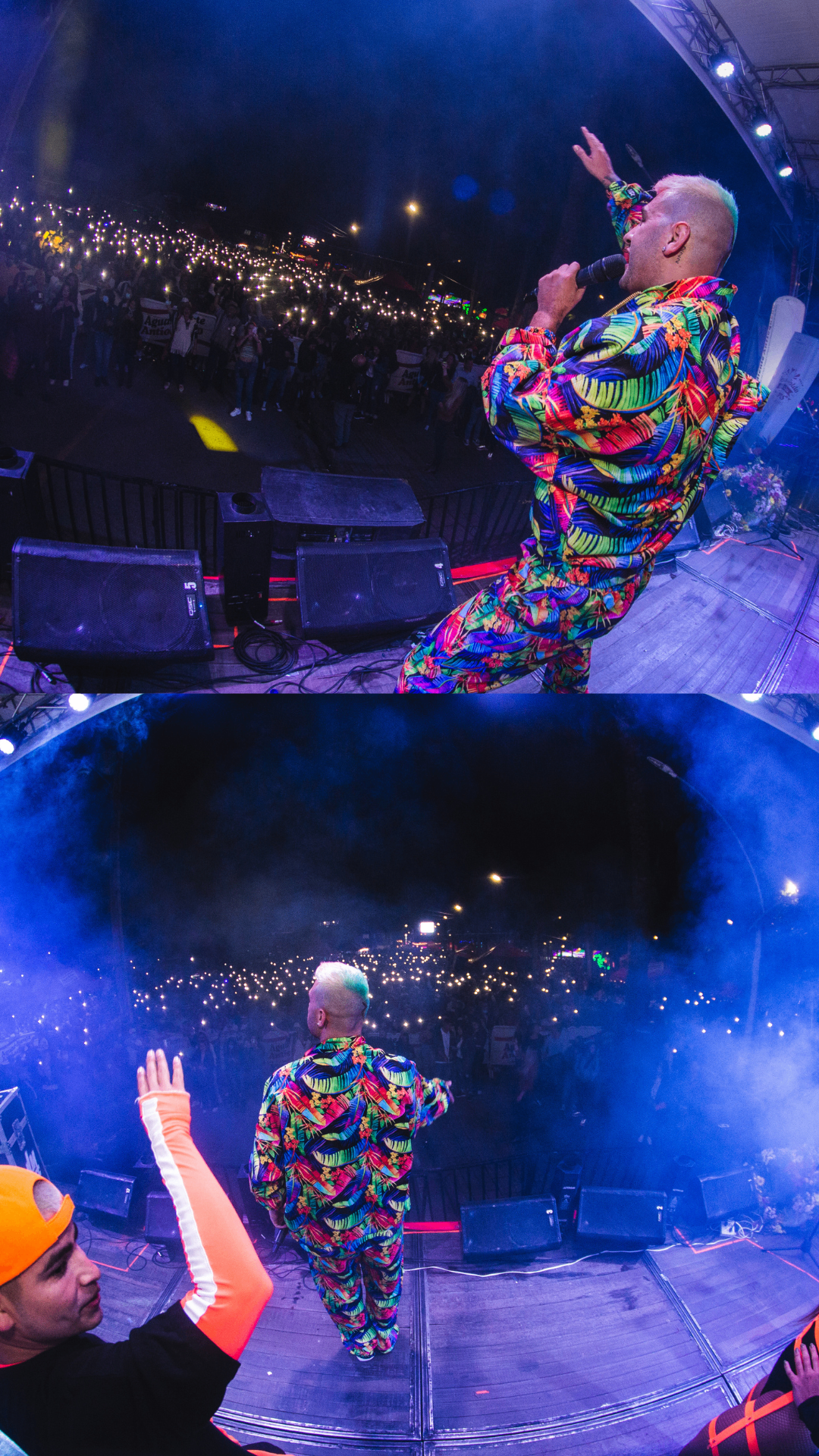 Heider Gonzalez con traje tropical frente a multitud iluminada por celulares